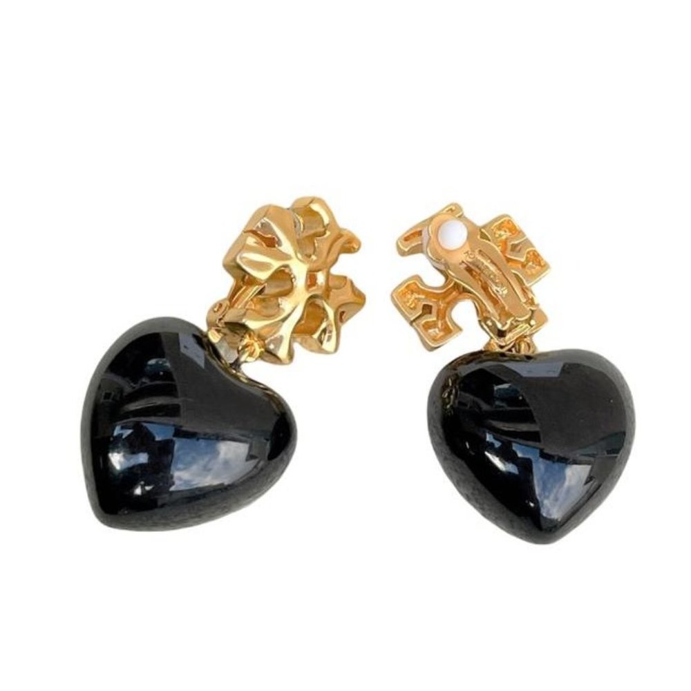 Tory Burch Black Heart Roxanne Clip On Earrings Gold Tone
